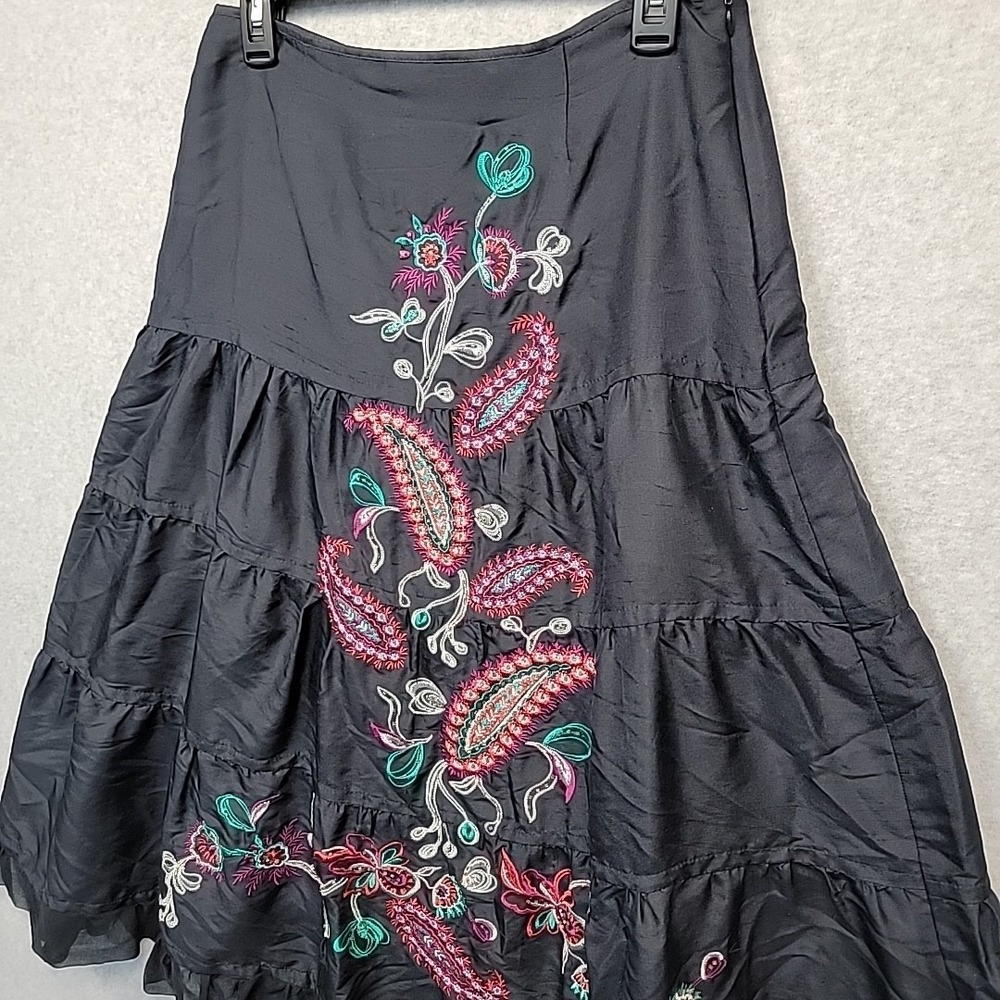 CAROLE LITTLE Silk Midi Skirt Black Embroidered Beaded Tiered Ruffle Size 6 Boho